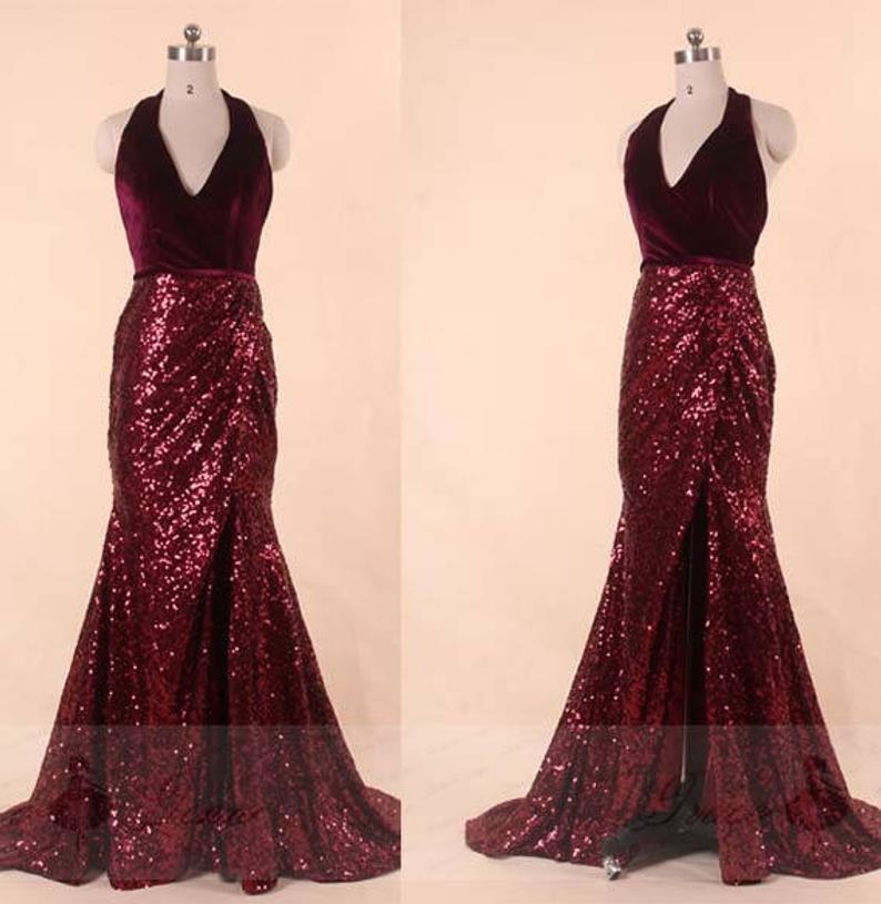 Wine Bridesmaid Dresses Velvet Prom Dressbackless Mermaid Evening Gownplunge Neckline Sexy 7267