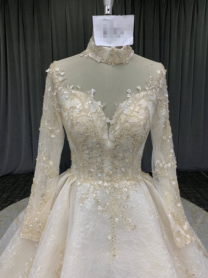 Fairy Wedding Dress, Gold Beading Princess Wedding Ball Gown, Lace