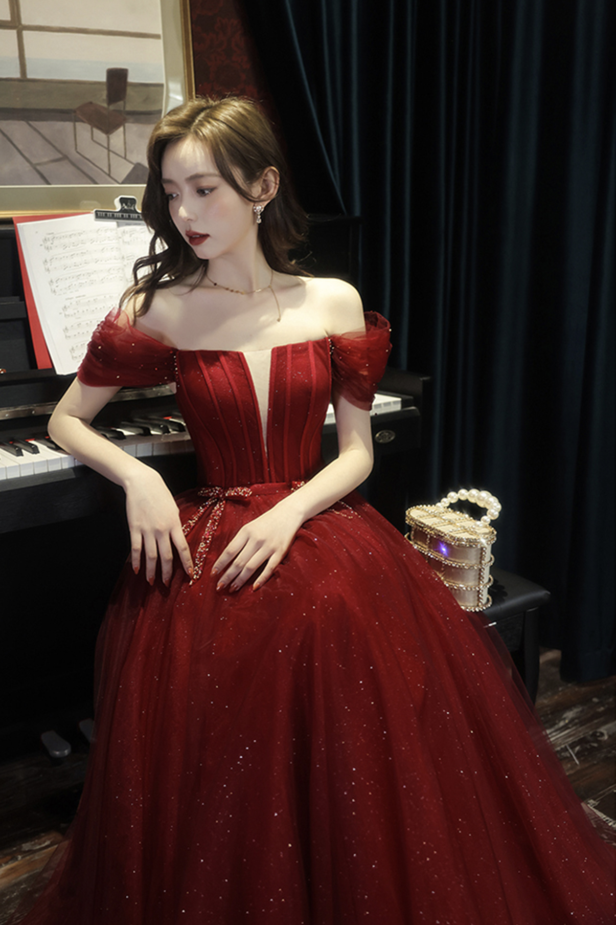 Burgundy A line tulle lace prom dress tulle party dress Y5715