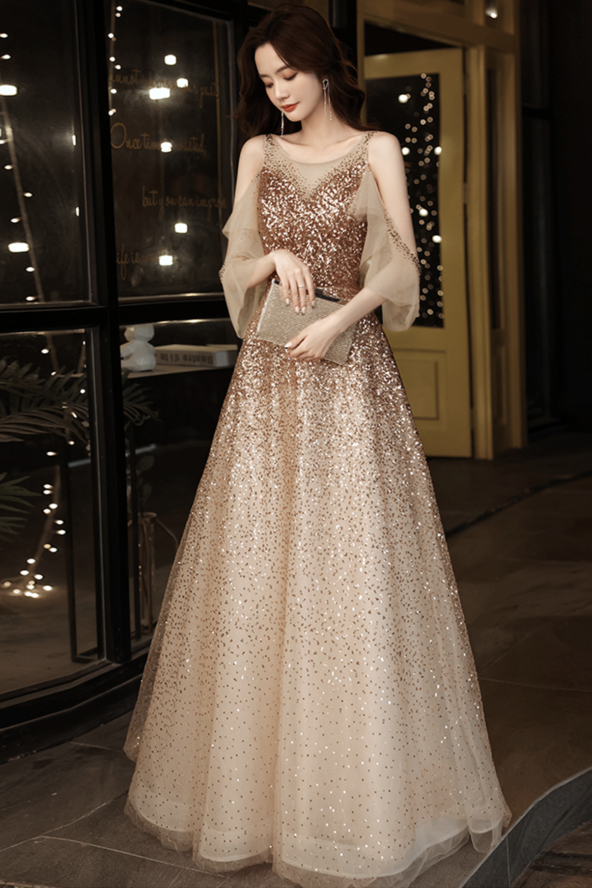 A Line V Neck Gold Sequins Prom Dress LBQ3641 main image 1