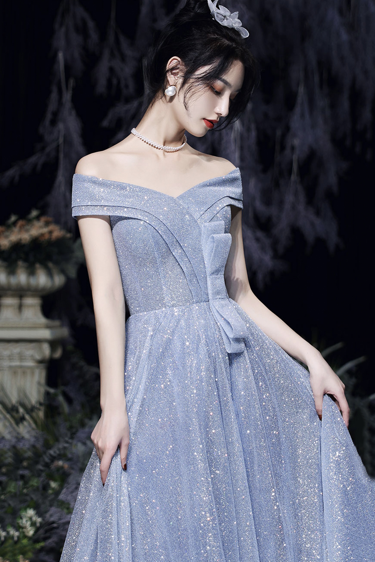 Shiny tulle long A line prom dress blue evening dress C2379 main image 0