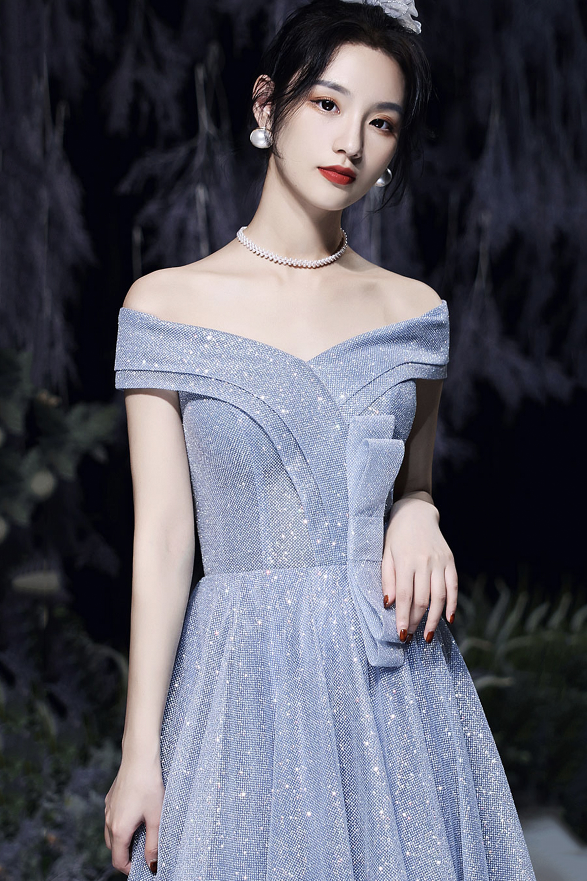 Shiny tulle long A line prom dress blue evening dress Y105
