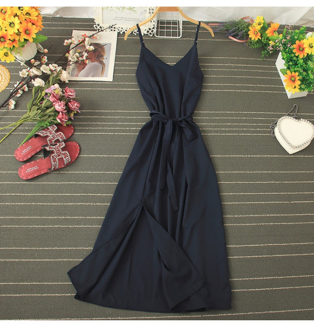 Spaghetti Strap Simple Dress with Slit Black