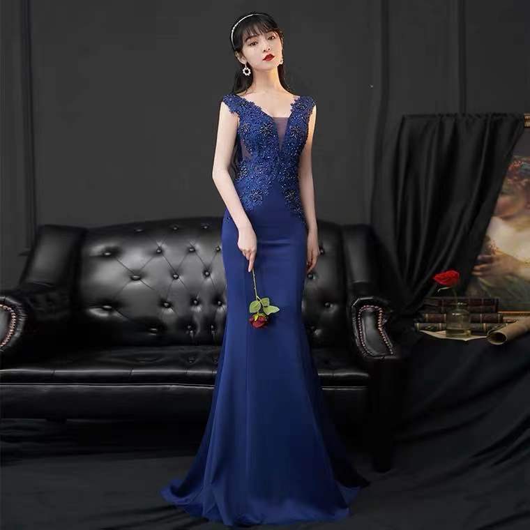 Navy Blue Party Dress,lace Applique Evening Dress,lace Applique Formal ...