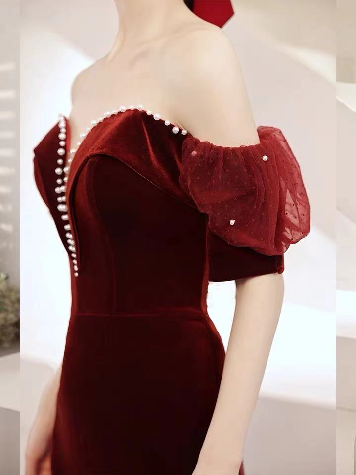 Wine Red Party Dress,off Shoulder Evening Dress,velvet Mermaid Long