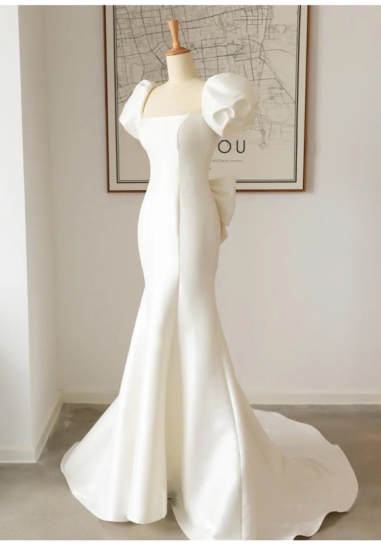 ,puffed Sleeve Evening Dress, White Mermaid Evening Dress ,custom Made ...