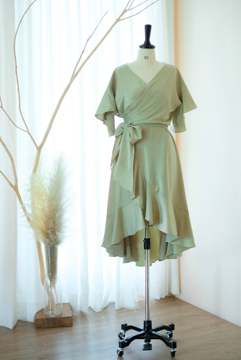 Green Satin Bridesmaid Dresses Pale Sage Green Wrap Dress Mid Length ...