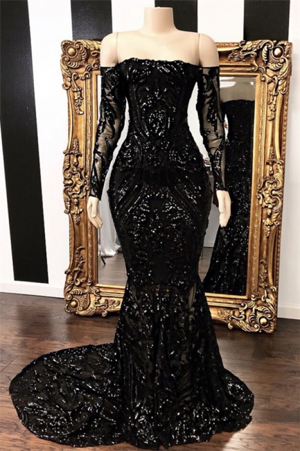 Long Sleeve Off The Shoulder Prom Dresses | Black Glitter Lace Sequined ...