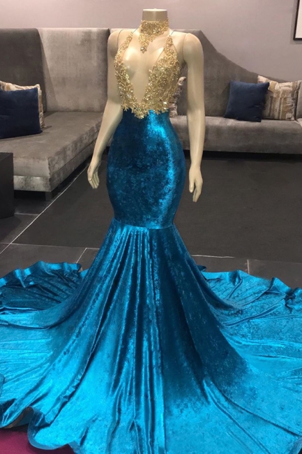 V-neck Appliques Spaghetti Straps Velvet Royal Blue Mermaid Prom ...