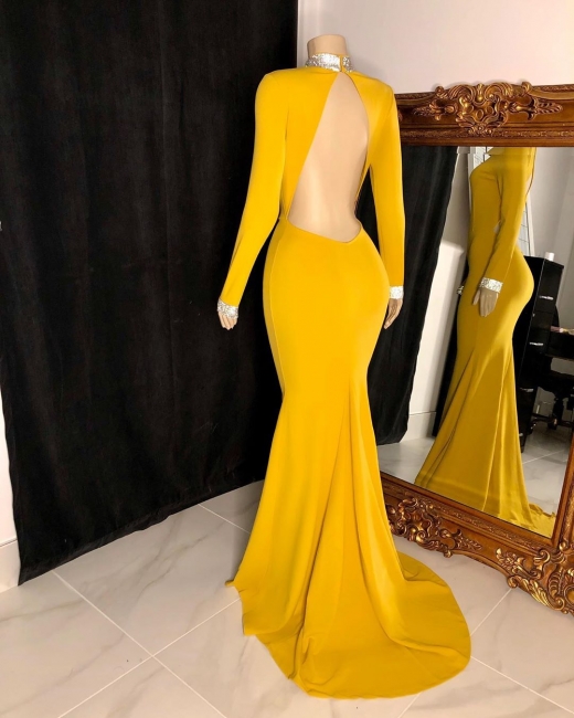 High Neck Long Sleeves Open Back Fitted Prom Dresses In Yellow,pl4820
