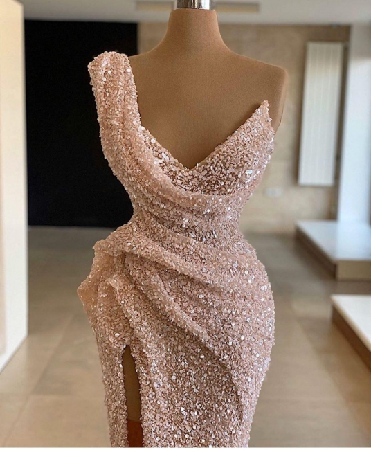 Sparkly One Shoulder Sequin Pink Prom Dresses With Side Split Pl On