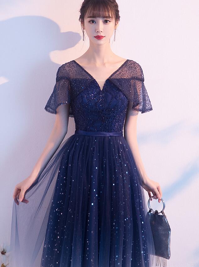 Navy Blue Gradient V-neckline Shiny Tulle A-line Prom Dress Party Dress ...