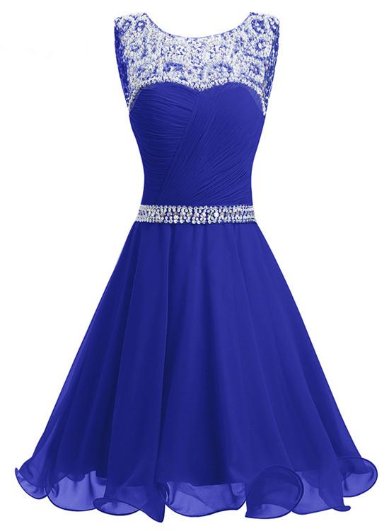 Beautiful Beaded Chiffon Round Neckline Short Party Dress, Blue Chiffon ...