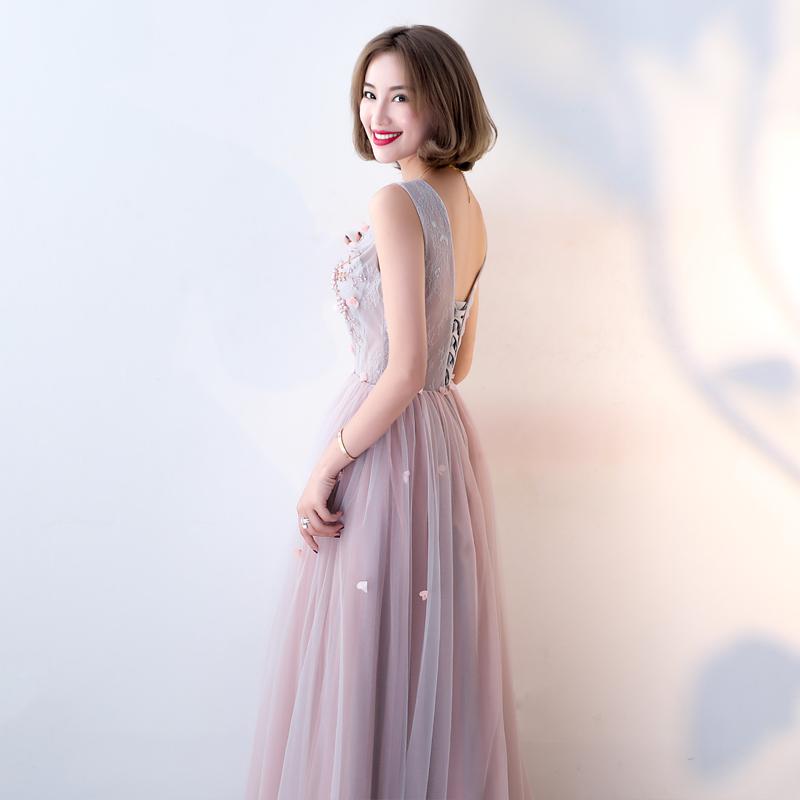 Pink Beaded V-neckline Tulle Long Party Dresses, Pink Formal Dresses ...