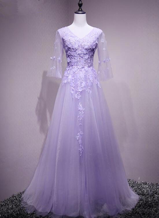 Light Purple Tulle Flower And Lace Short Sleeves Tulle Long Evening Dresslavender Party Dress 