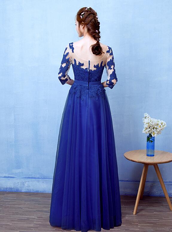 Blue Gradient Tulle with Velvet Long Sleeves Bridesmaid Dress, Long Prom Dress