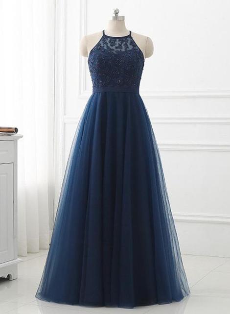 Navy Prom Dress Halter Neckline, Evening Dress ,winter Formal Dress ...