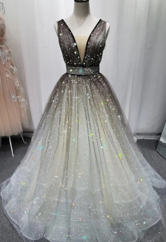 A Line V Neck Tulle Long Prom Dress Evening Dress,pl5419 on Luulla