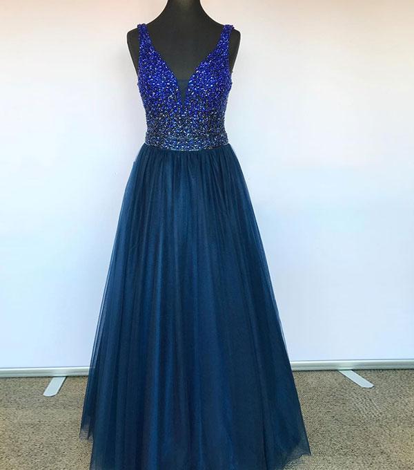 Blue V Neck Tulle Beads Short Evening Prom Dress, Blue Tulle Evening Dress