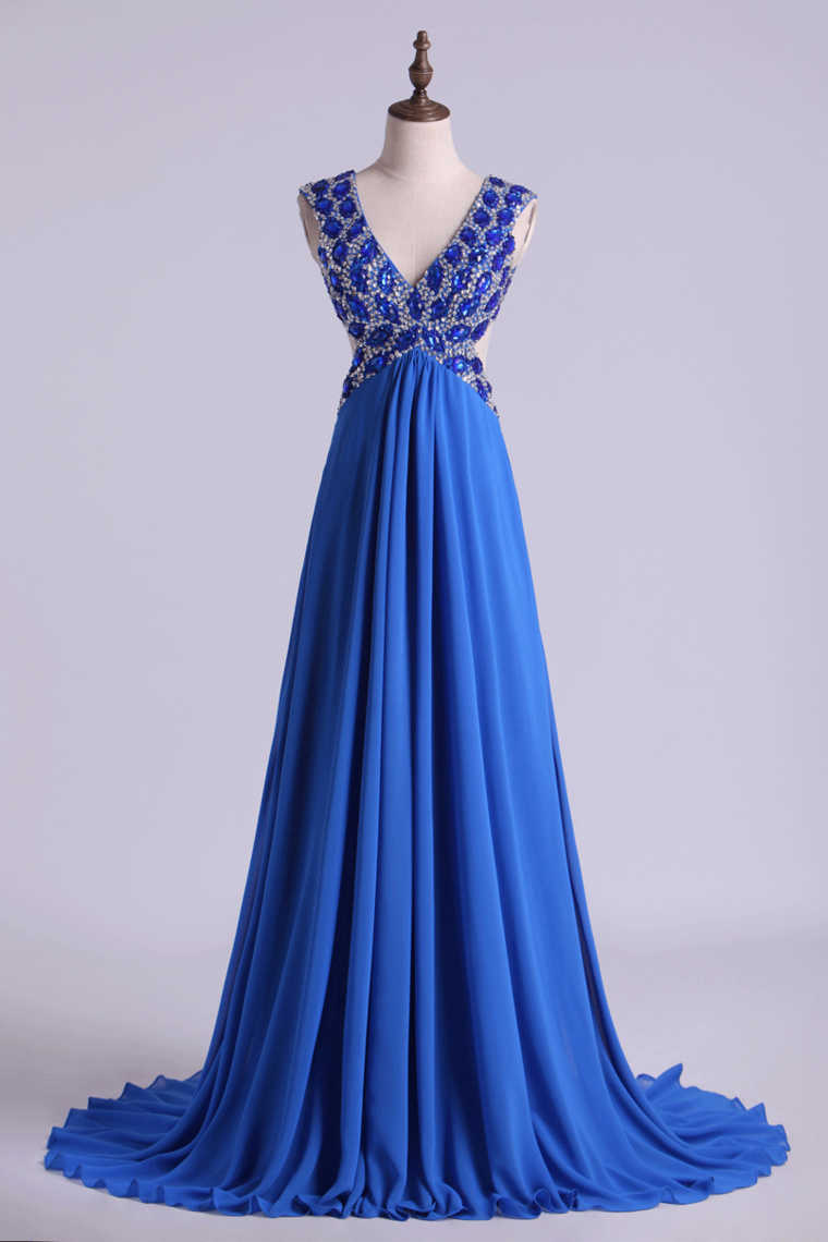 A Line V Neck Chiffon Prom Dresses with Lace Top LBQ0262