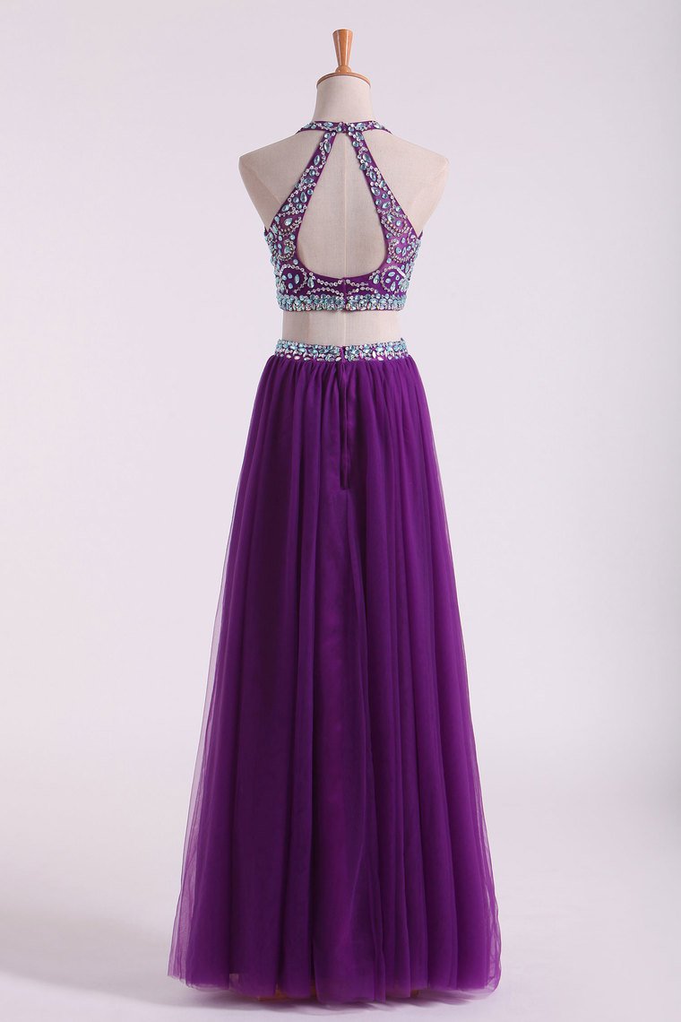 A-Line/Elegant Sleeveless Halter Beading Tulle Floor-Length Two Piece Prom Dresses