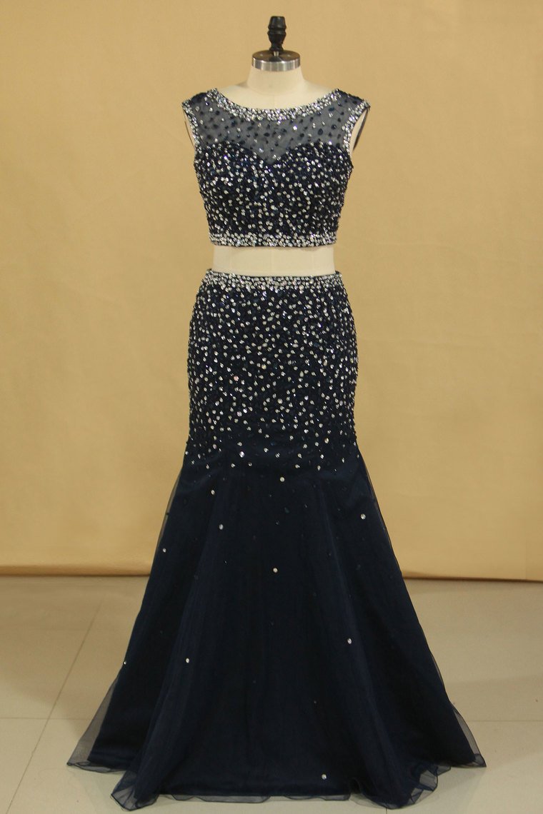 Mermaid Two Piece Lace Scoop Prom Dresses with Beadings LBQ0550 main image 1