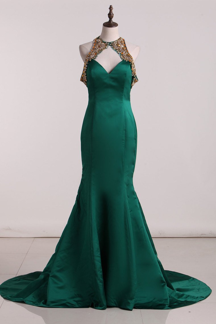 Mermaid Sleeveless Scoop Sweep/Brush Train With Applique Satin Dresses main image 1