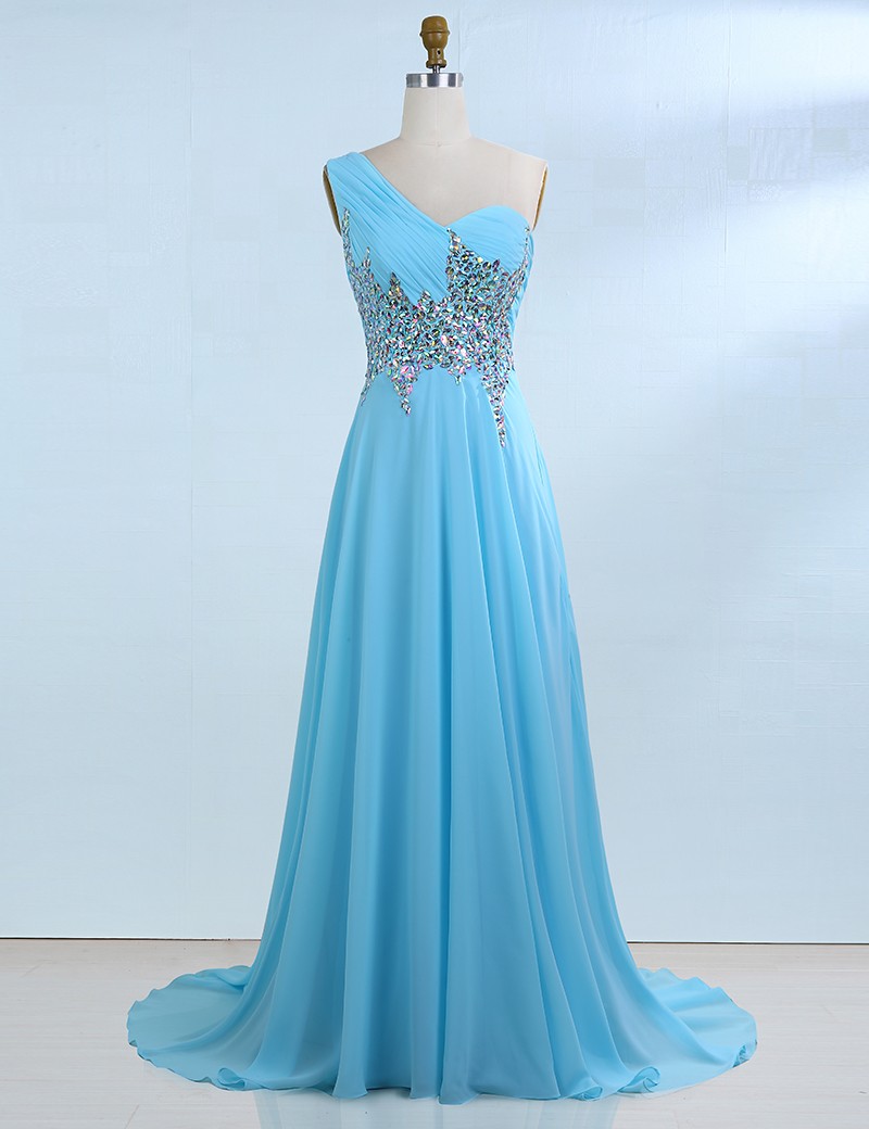 A-Line One Shoulder Sweep Train Blue Chiffon Prom Dress With ...