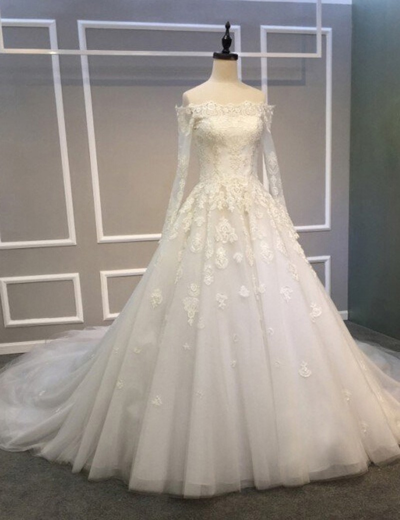 Ball Gown Off Shoulder Long Sleeves Court Train Wedding Dress With Lace ...