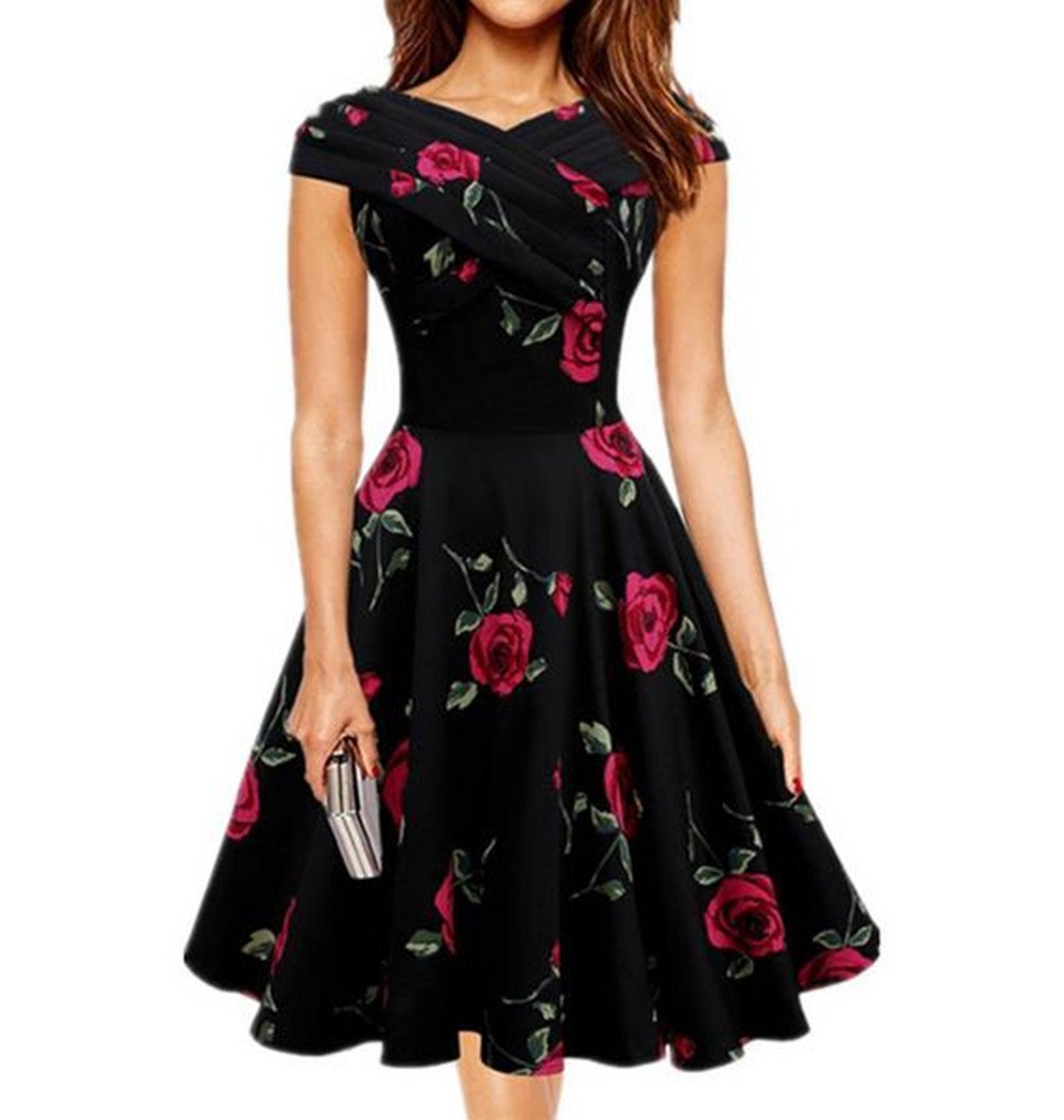 Short Sleeves Floral Retro Hepburn Style Vintage Party Dress Sexy Pinup