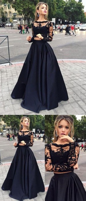 Stunning Sparkly 2 Piece Prom Dresses Evening Gowns Long Sleeve Lace ...