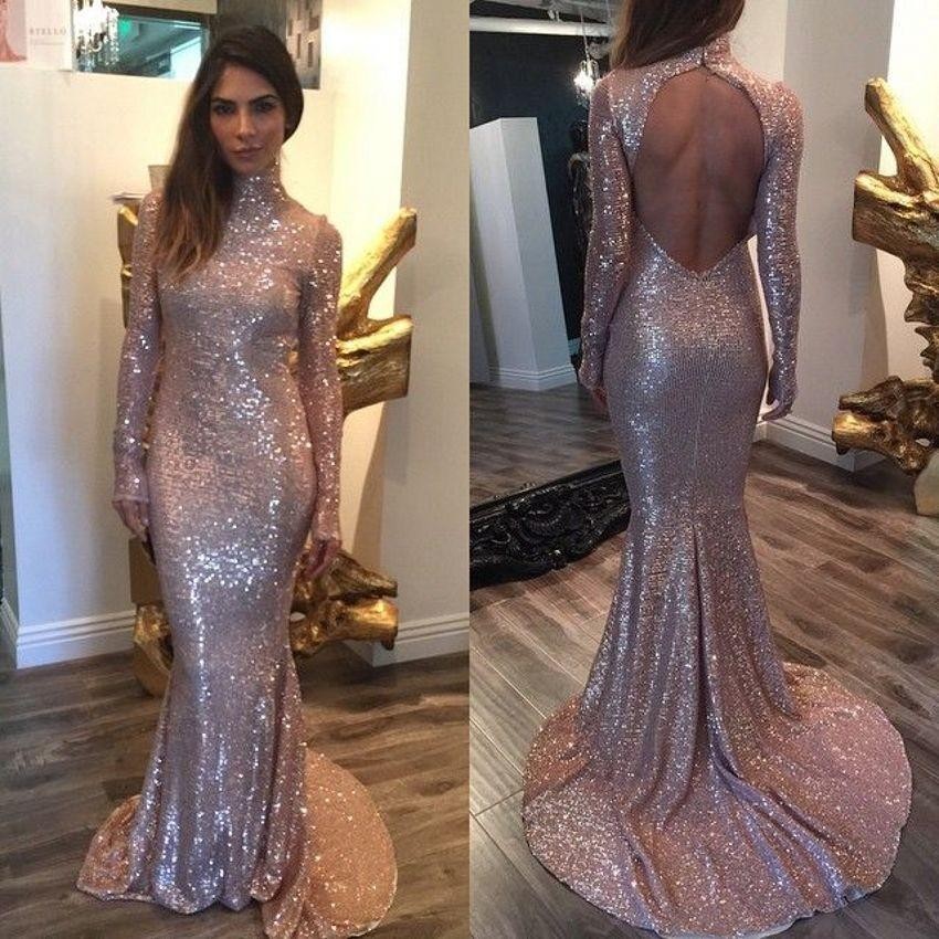 Silver Sequins Long Sleeve Evening Dresses Sexy Open Back High Collar