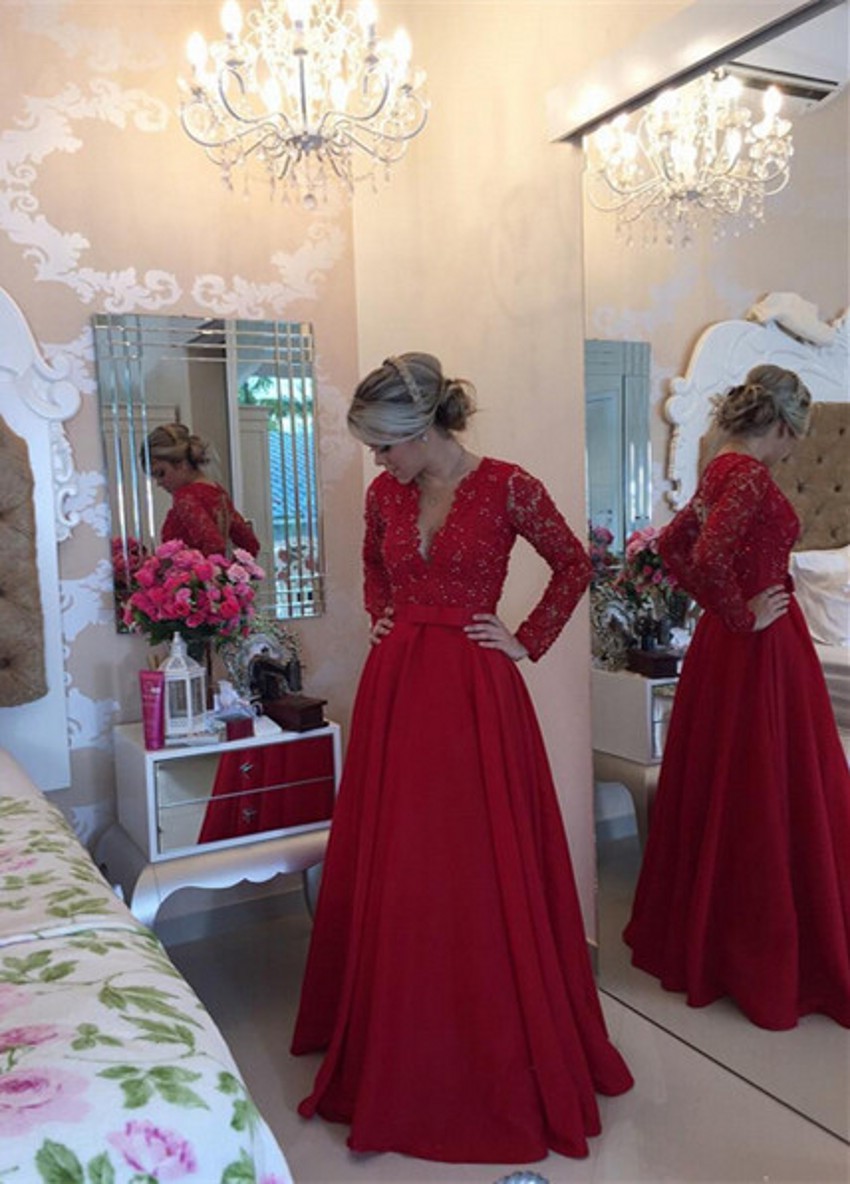 Elegant Red Evening Dresses Long Sleeve Beading Lace Bodice Satin Women ...