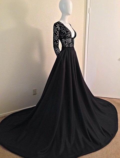 Charming Black Lace Prom Dress,sexy Deep V-neck Evening Dress,sexylong ...