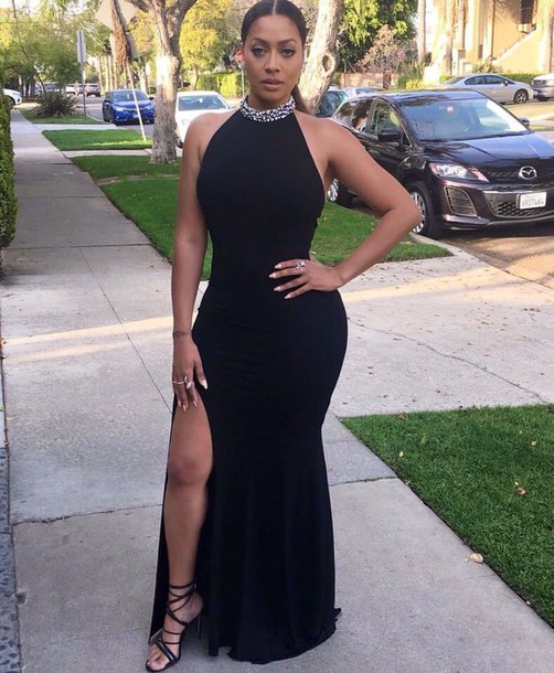 Black Sexy Prom Dress Split Thigh Halter Evening Dress c2522 main image 1
