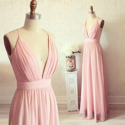 Blush Pink A Line V Neck Chiffon Long Prom Dress, Evening Dress