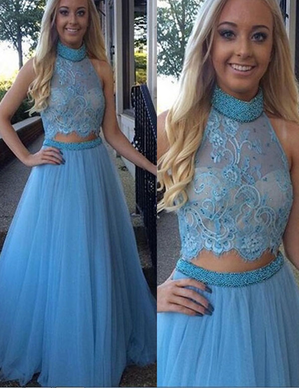 2016 Custom Popular Blue Tulle Prom Dress, Halter Lace Evening Dress ...
