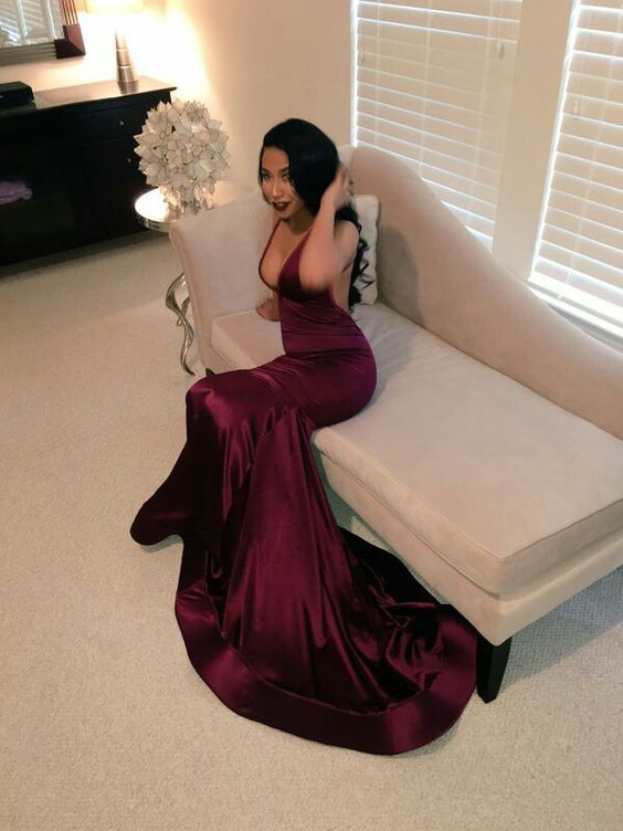 Modern Burgundy Halter Jersey Prom Dress,Evening Party Dress,OLP2195