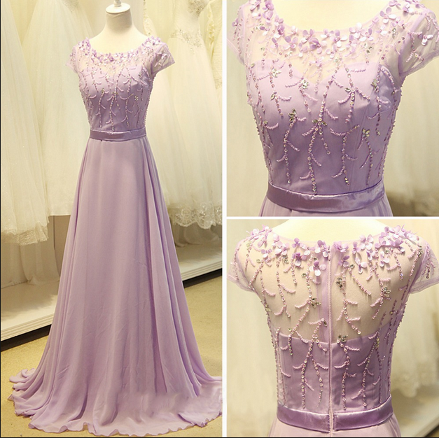 Cap Sleeve Light Purple Long Chiffon Prom Dress A Line Party Dresses Bridesmaid Dress on Luulla