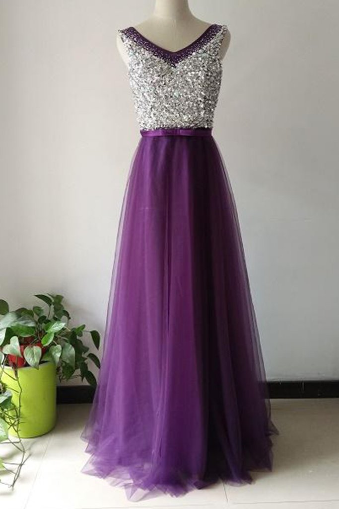 Luxury Purple Tulle A Line Sequins V Neck Long Prom Dressesevening
