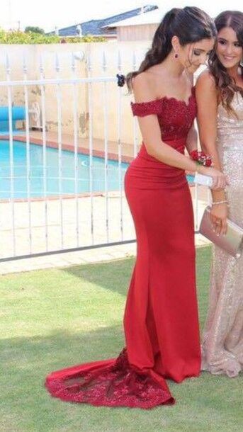 2017 Custom Made Red Prom Dress,Off The Shoulder Evening Dress,Lace
